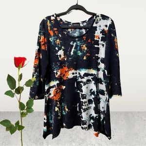 Initiatives Navy/White Tie Dye Knit Tunic Top w/colourful abstract splotches